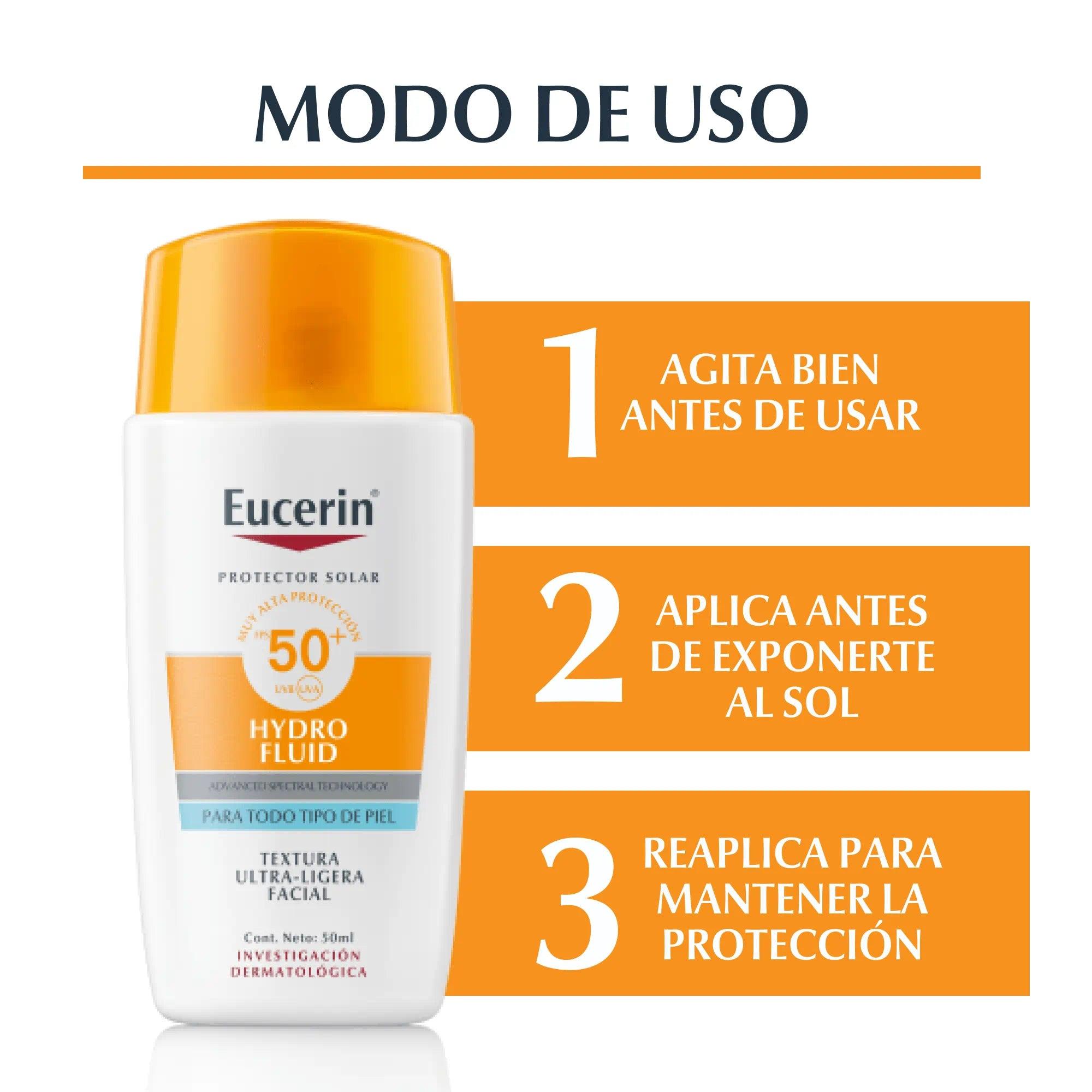 Eucerin Hydro Fluid | Protector Solar Ultraligero 50SPF+ 50ml | Filtros UVA/UVB y Antioxidantes.