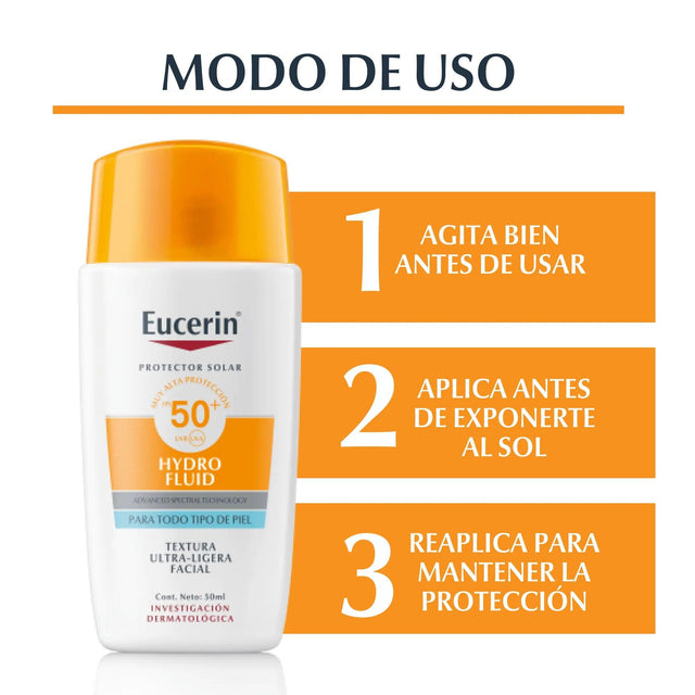 Eucerin Hydro Fluid | Protector Solar Ultraligero 50SPF+ 50ml | Filtros UVA/UVB y Antioxidantes.
