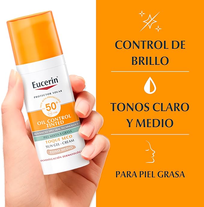 Eucerin Oil Control | Protector Solar con Tinte Tono Medio 50SPF+ | 50 ml