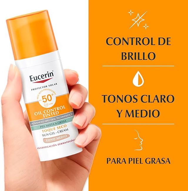 Eucerin Oil Control | Protector Solar con Tinte Tono Medio 50SPF+ | 50 ml