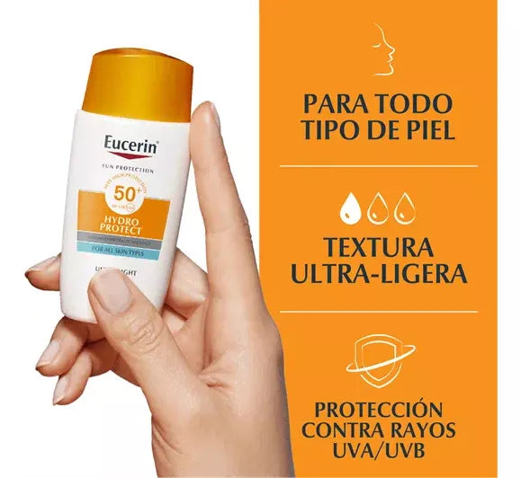 Eucerin Hydro Fluid | Protector Solar Ultraligero 50SPF+ 50ml | Filtros UVA/UVB y Antioxidantes.