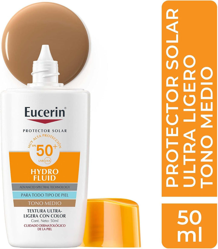 Eucerin | Sun Hydrofluid 50ml FPS 50 | Protector Facial Ultra Ligero | Color Tono Medio