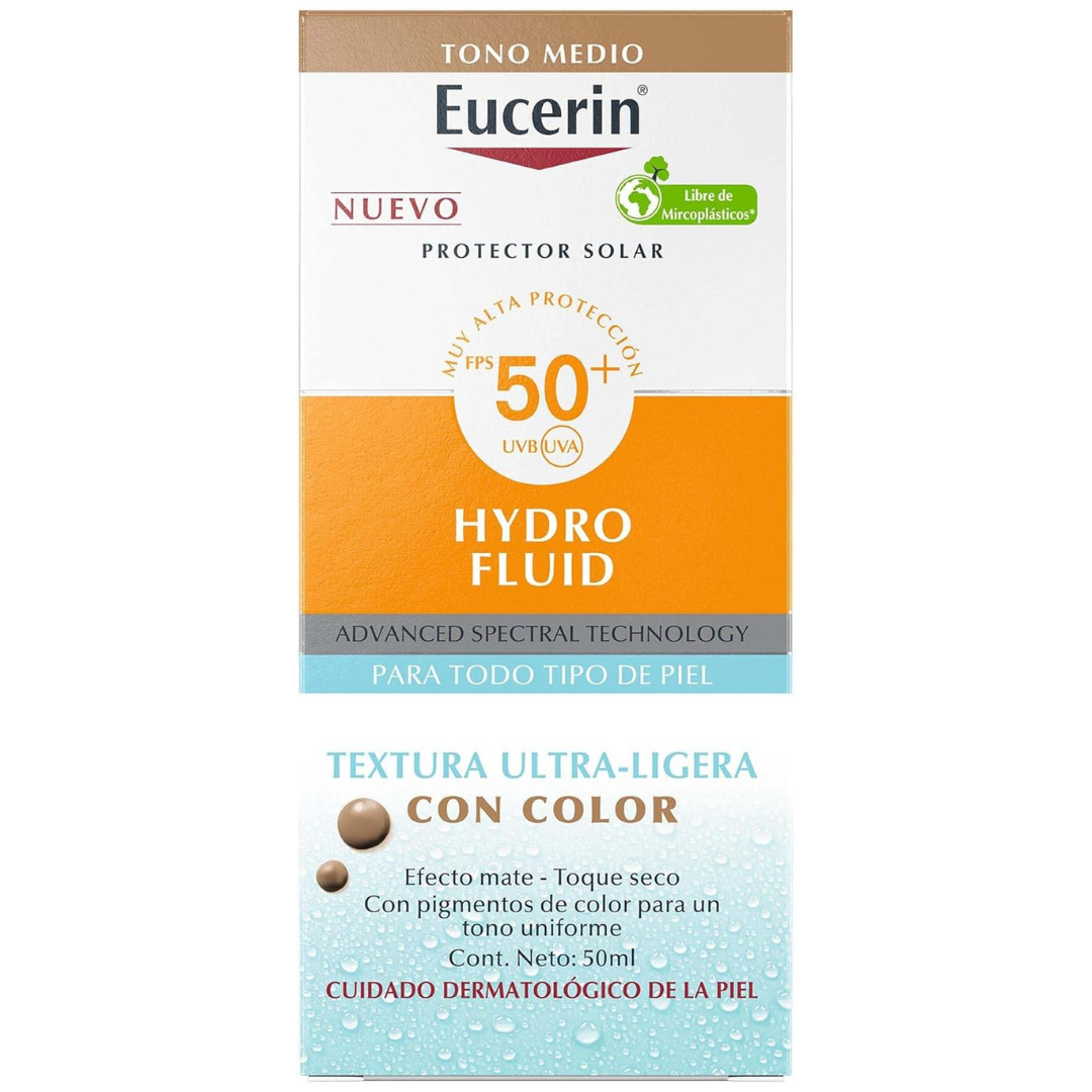 Eucerin | Sun Hydro fluid 50ml FPS 50 | Protector Facial Ultra Ligero | Color Tono Medio